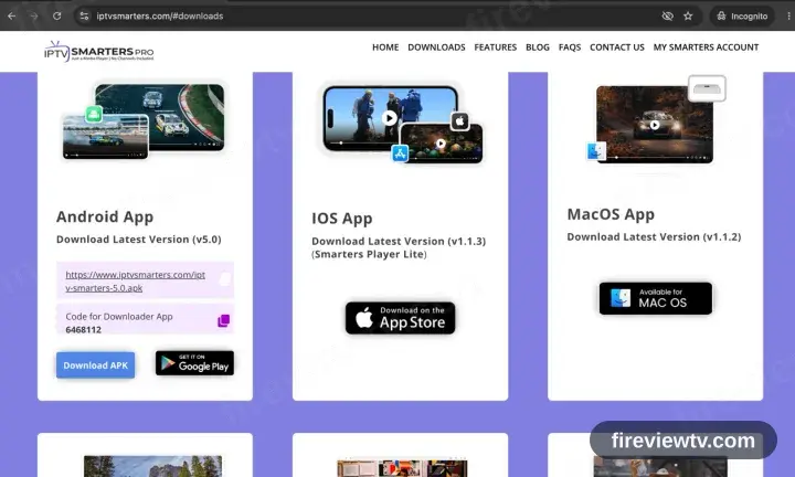 The IPTV Smarters site scrolled to its Download APK control
