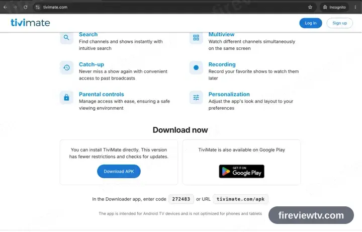 The TiviMate site scrolled to its Google Play and Install APK controls