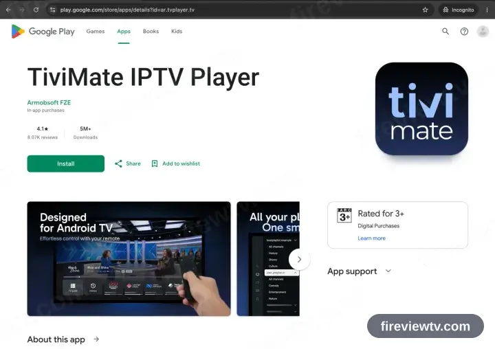The TiviMate entry on Google Play with Install available