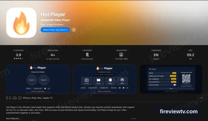 Die App-Store-Seite von Hot Player mit Unterstützung für iPhone, iPad, Mac und Apple TV