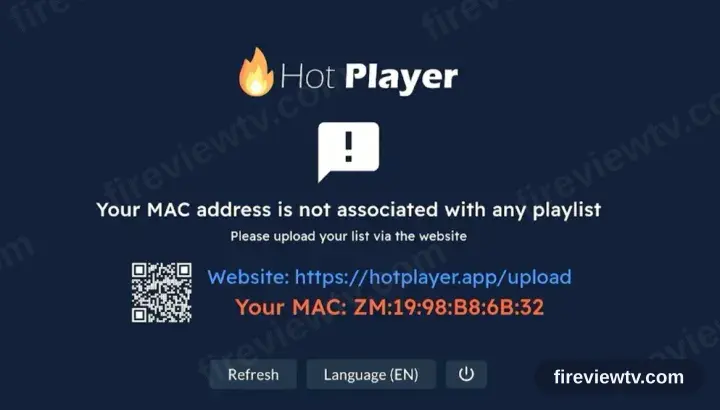 HotPlayer reporting that no playlist is registered, with the hotplayer.app upload address