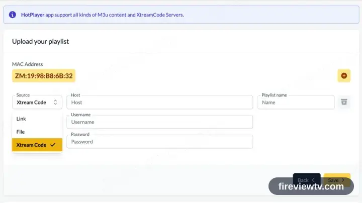The hotplayer.app upload form, source set to Xtream Codes, with server, username and password fields