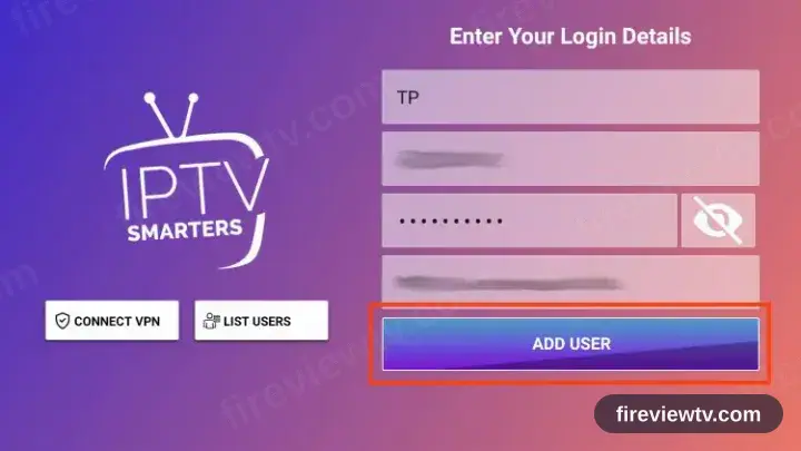 The IPTV Smarters Pro Xtream Codes form, server URL, username and password fields