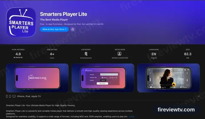 The Smarters Player Lite App Store entry listing iPhone, iPad and Apple TV support