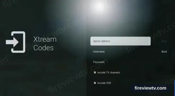 Le formulaire Xtream Codes de TiviMate avec les champs serveur, identifiant et mot de passe