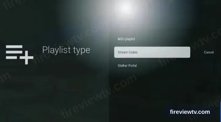 L’écran du type de playlist TiviMate, Xtream Codes retenu