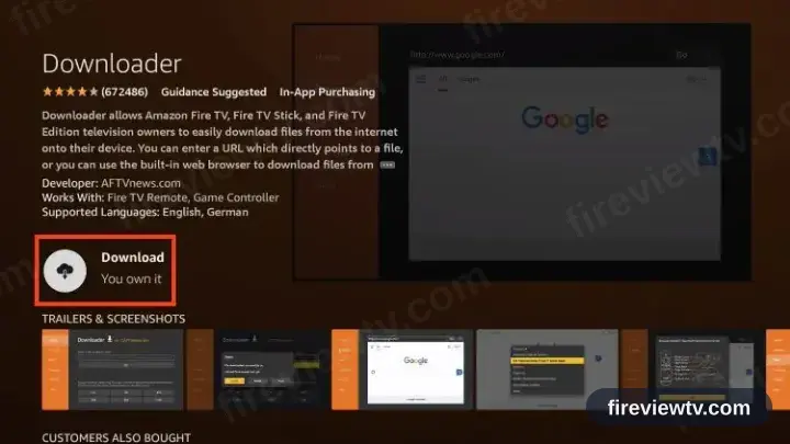 The Downloader Appstore page with its install control focused