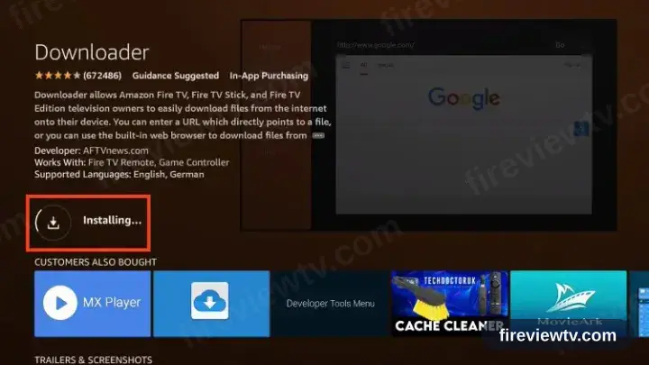 Downloader installing on the Firestick, progress ring on screen