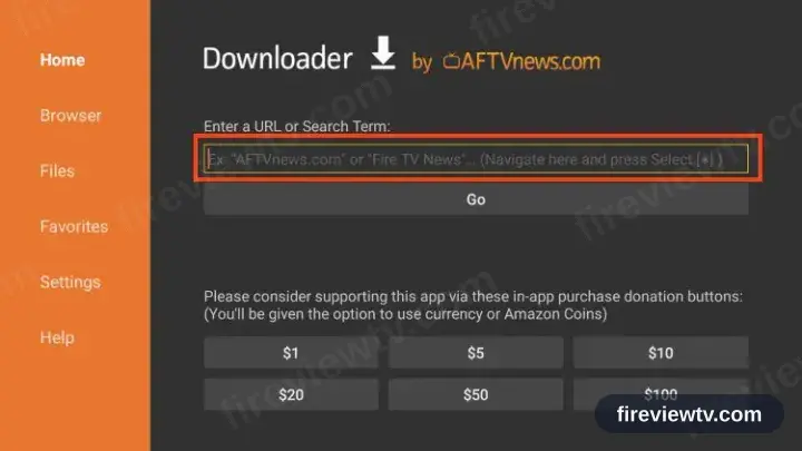 Downloader with the URL field focused on the Home tab