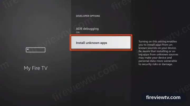 The Developer options menu with Install unknown apps focused