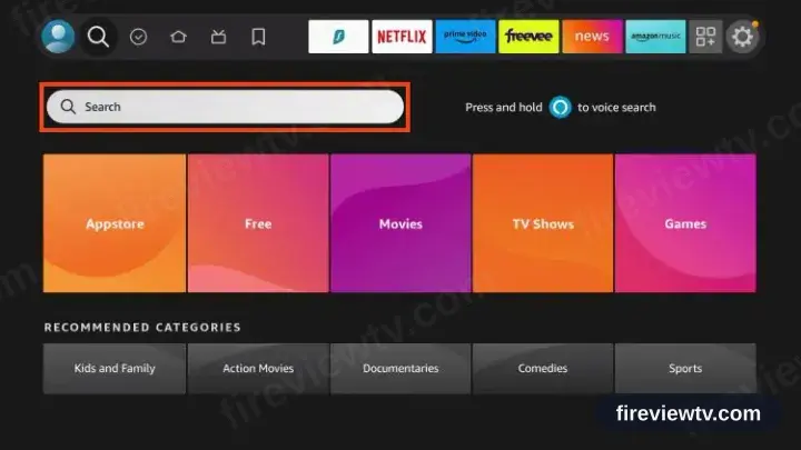 The Fire TV home screen, search icon selected on the top row