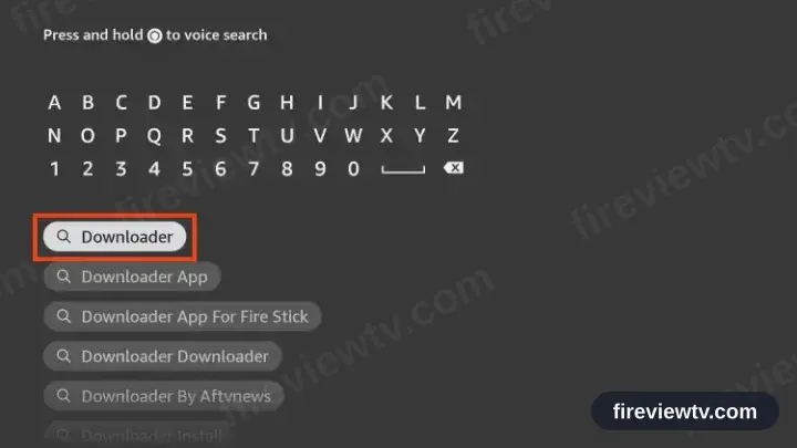 Downloader being entered into the Fire TV search field