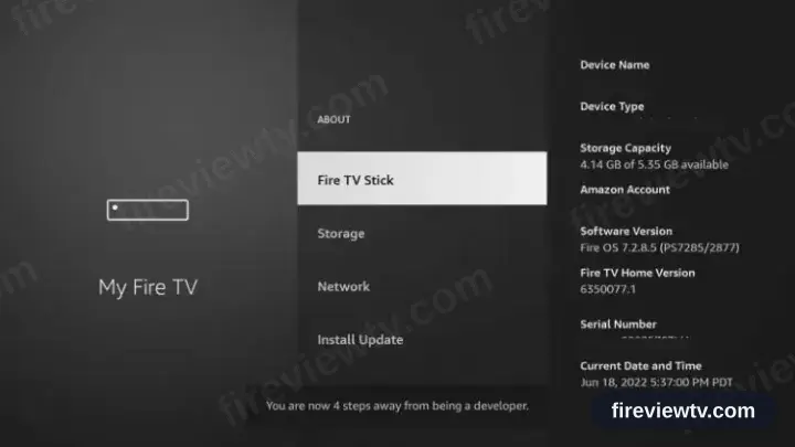 The developer notice shown on the Fire TV About screen