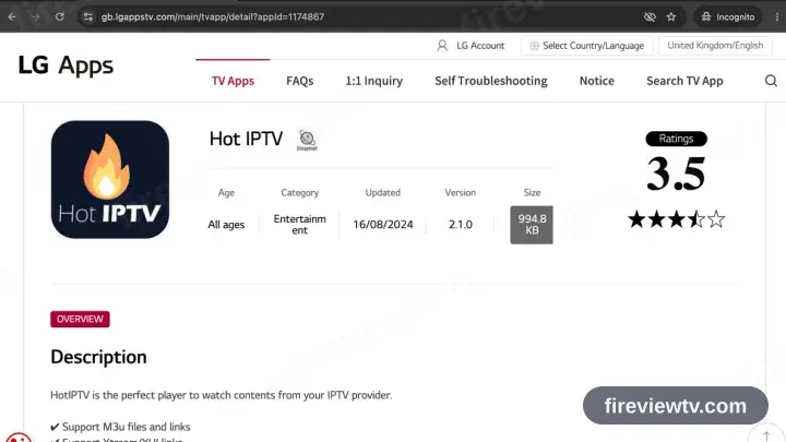 HotPlayer on its LG Content Store entry