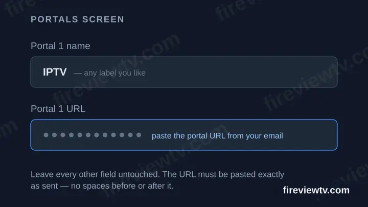 Diagram of the Portals screen showing the Portal 1 name field and the masked Portal 1 URL field.