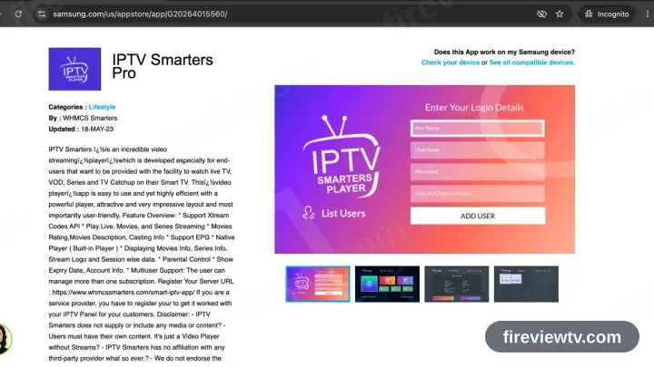 IPTV Smarters Pro on its Samsung Apps store entry