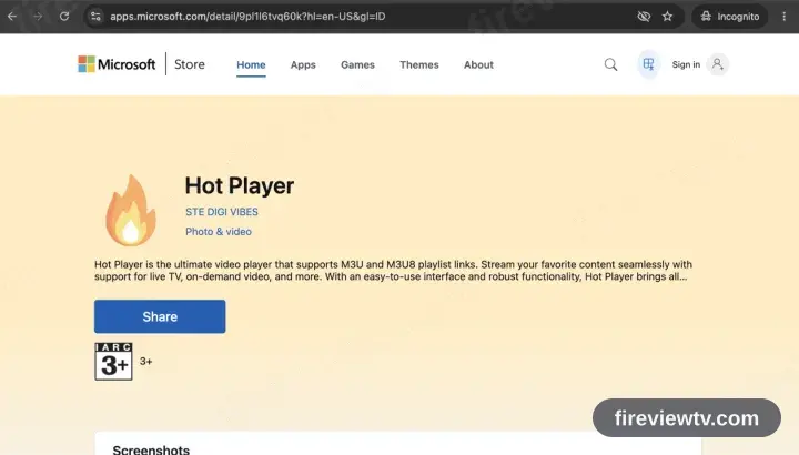 The Hot Player listing in the Microsoft Store
