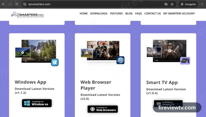 The IPTV Smarters downloads page with the Windows app download button